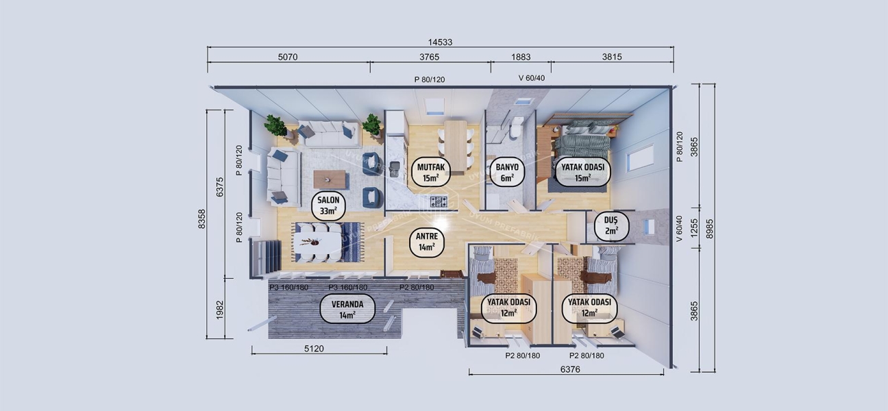 123m² Tek Katlı Prefabrik Ev 