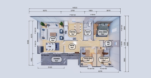 123m² Tek Katlı Prefabrik Ev 