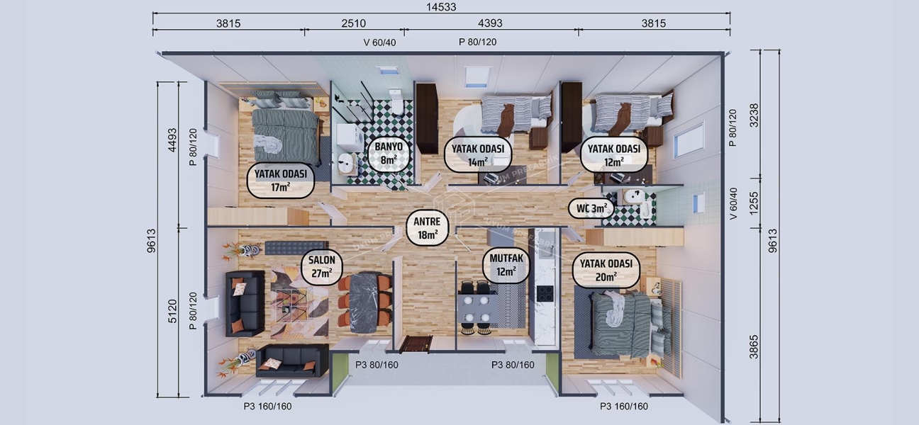 131m² Avşa Tek Katlı Prefabrik Ev 