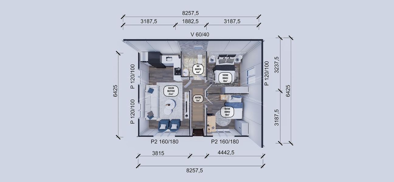 53m² Beylerbeyi Tek Katlı Prefabrik Ev 