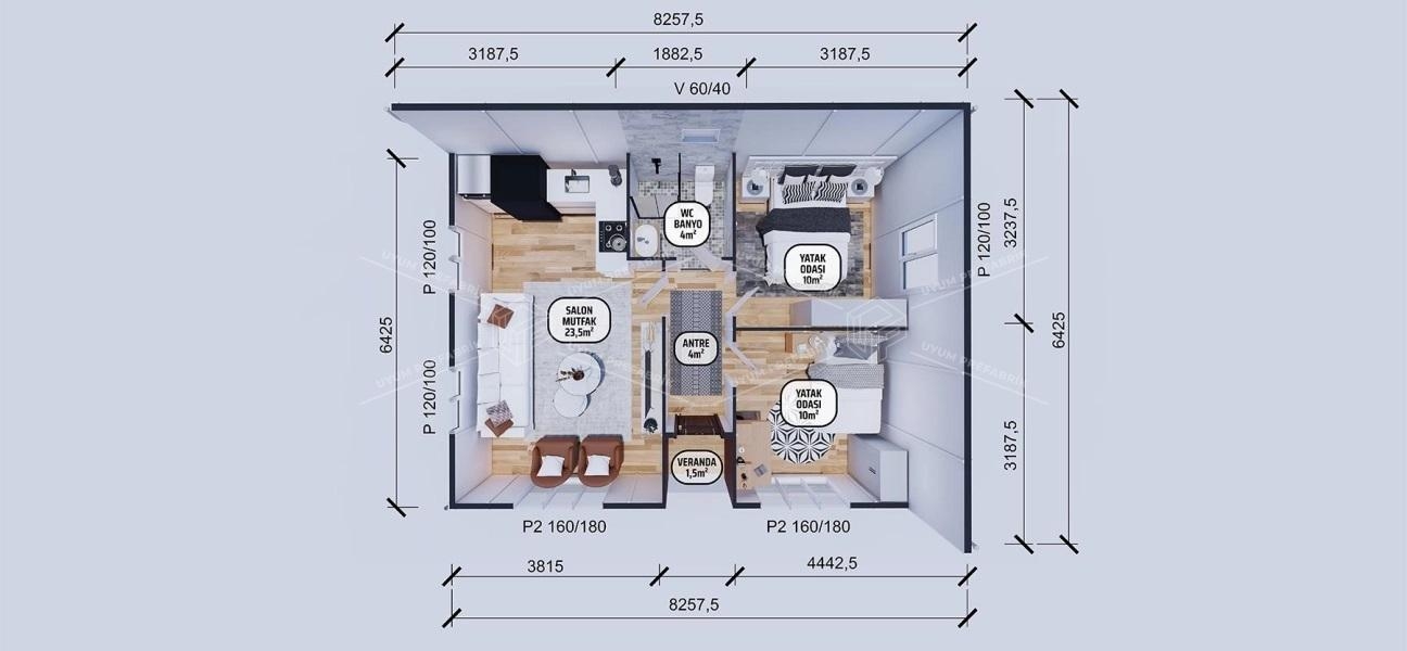 53m² Tek Katlı Prefabrik Konut (1,5m² Veranda)