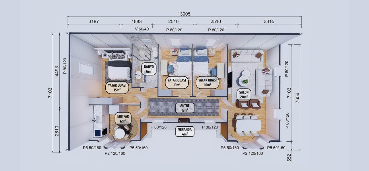 98m² Tek Katlı Prefabrik Konut