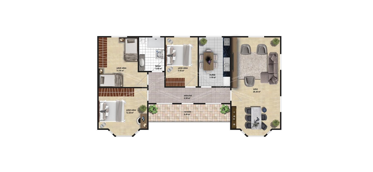 UP205 Ayder 110m² Tek Katlı Çelik Ev  UP205 Ayder 110m² Tek Katlı Çelik Ev